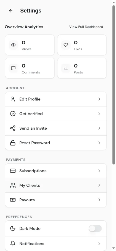 Reelwell account settings and analytics