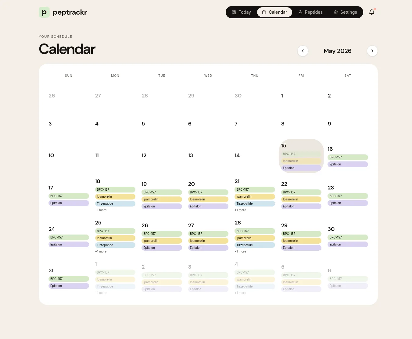 Peptrackr monthly schedule calendar