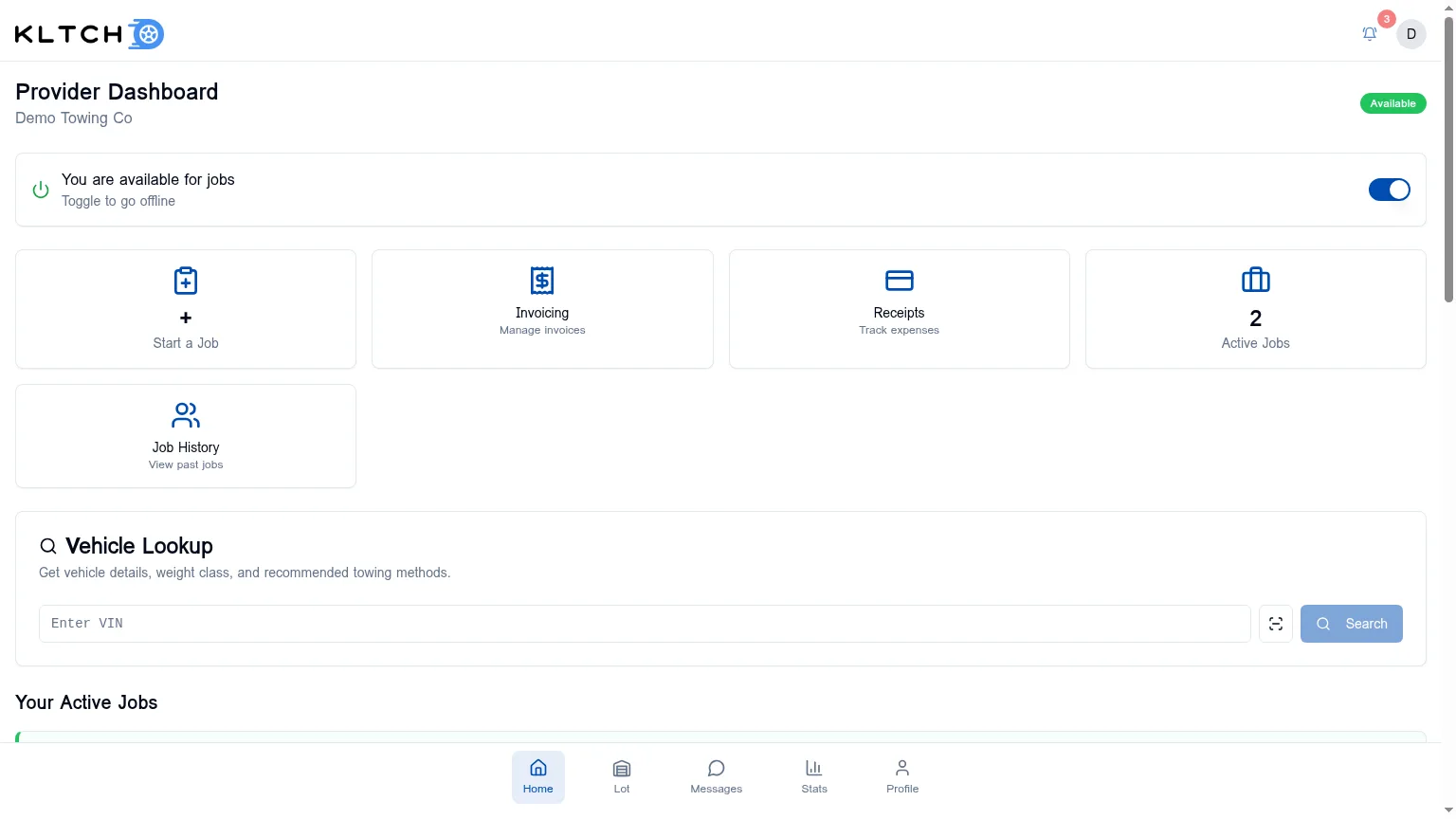 Provider dashboard on desktop