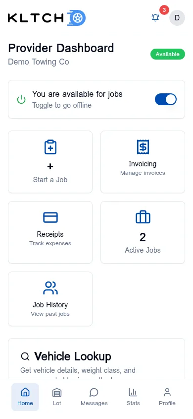 Provider dashboard on mobile