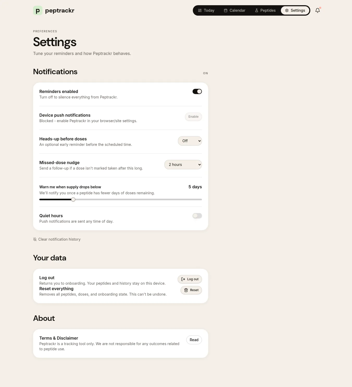 Peptrackr notification and account settings